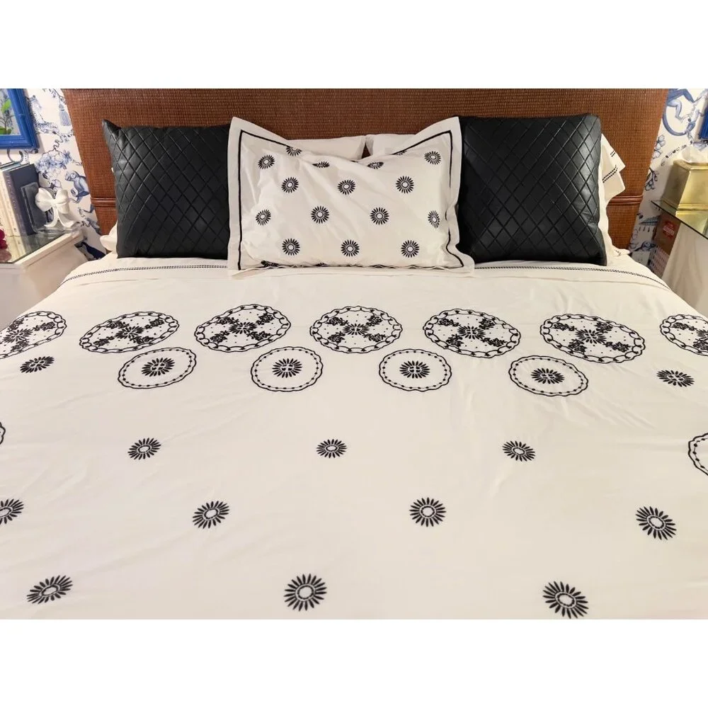 MARTHA STEWART King Size Duvet + 1 Sham Embroidered 100% Egyptian Cotton Black
